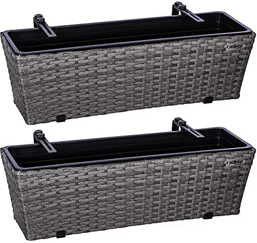 STILISTA® 2er Polyrattan Blumenkasten Set 60 x 16 x 19 cm inkl. Verstellbarer Aufhängung und herausnehmbarem Kunststoffeinsatz, in 4 unterschiedlichen Farben, grau