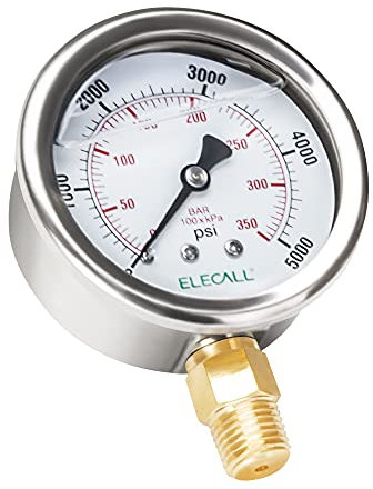 ELECALL 5000psi Silicone Oil Filled Hydraulic Pressure Gauge for Water Oil Air Pressure Test in Pool Pump Sand Filter Air Compressor Water System, 2-1/2 Stainless Steel Case, Lower Mount 1/4 NPT