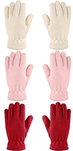 Geyoga 3 Paires Gants en Molleton à Doigts Complets Enfant Mitaines Chauds Hiver (Rose Clair, Beige, Rouge, M (8-12 ans))