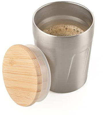 Troika Thermobecher mit Deckel für Heißgetränke aus Edelstahl und Bambus in der Farbe Silber-Braun 160ml, CUP75/ST