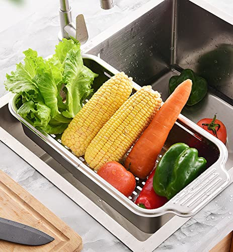 Siebkorb für die Spüle, 304 Edelstahl, ausziehbar, rechteckig, zum Abtropfen von Nudeln, Obst, Gemüse