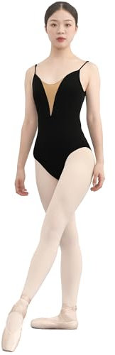 JUODVMP Maillot de Mujer escote y tirantes color nude para espectáculos de ballet danza, 8D-C12-negro,L