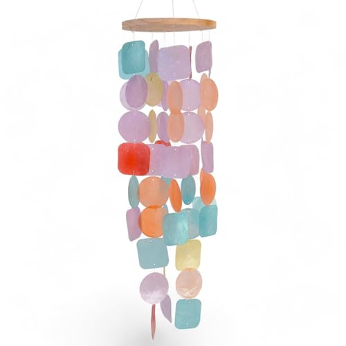MIJOMA Carillon Capiz fatto a mano, colori pastello, supporto in legno, L.14,5/L.14,5/H.48 cm, mobile, decorazione da interno e suono da giardino