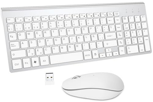 Español Teclado y Ratón Inalámbrico - QWERTY USB Teclado Inalámbrico Compactom Ergonómico Ratón Inalámbrico Portátil para PC/Laptops/Smart TV - Blanco