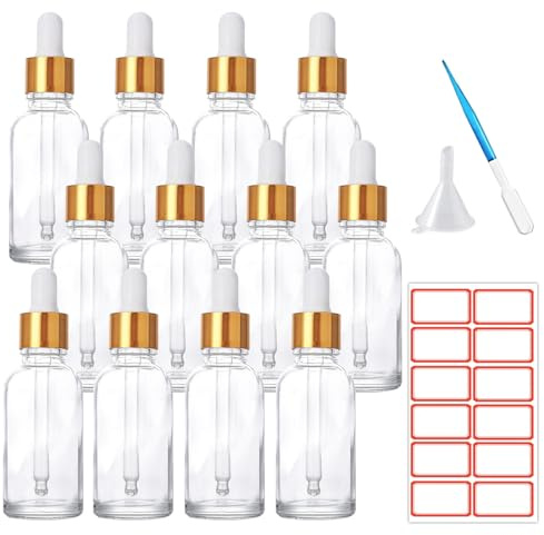 ToKinCen 12 x 30 ml droppflaska, genomskinliga glasflaskor med glaspipett, ettereriska flaskor, små droppflaskor, påfyllningsbara med plasttrattar och etiketter