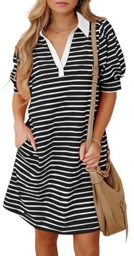 BLENCOT Women's Summer Striped Puff Short Sleeve Dress Polo V Neck Casual Beach Midi Dresses with Pockets Black S