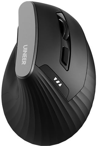 Uineer Raton inalambrico ergonomico, bluetooth mouse multidispositivo(2.4G + BT4.0/BT5.0), 4 DPI ajustables, Confort y la Reducción del Estrés en la Muñeca, Ideal para el Uso en el Hogar,Oficina,Negro