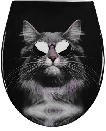 Fanmitrk Abattant WC avec système d'abaissement automatique, couvercle de toilette en Duroplast avec fermeture rapide, siège de toilette avec motif (Chat noir)