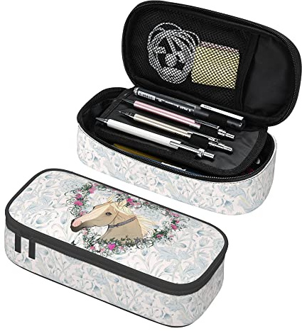 Trousse à crayons rose de grande capacité avec compartiment à fermeture éclair pour fille, Cheval floral., Taille unique, Organiseur de sac