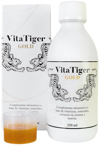 Complejo Vitaminico Completo - Pre Entreno Sin Cafeina- Potenciador Mujer y Hombre - Vitaminas para el cansancio, Ginseng coreano, Cordyceps, Taurina y Minerales - VITATIGER GOLD 250ml - 25 dosis