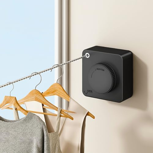 UpChoNice Retractable Clothesline Indoor & Outdoor, 16.2 Ft Non-Sagging Stainless Steel Laundry Washing Line with Wall Mounted Heavy Duty Design, Space-Saving Clothing Drying Rack (1, Black)