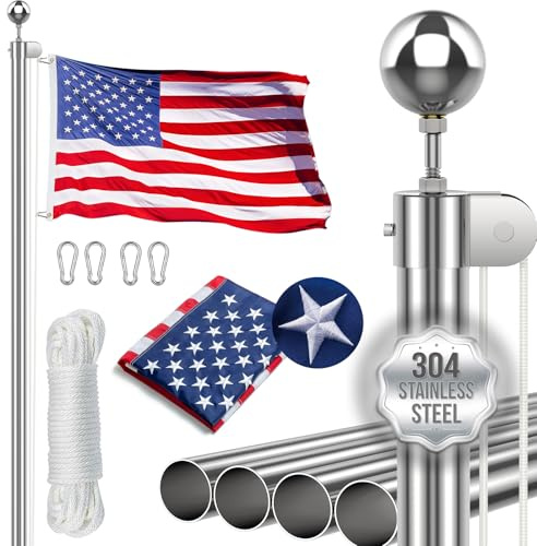 Lechansen 25FT Heavy Duty Flag Pole for Outside House, Full Body 304 Stainless Steel In Ground Flagpole with 3x5 American Flag, 130MPH Wind Resistant for Residential or Commercial Use