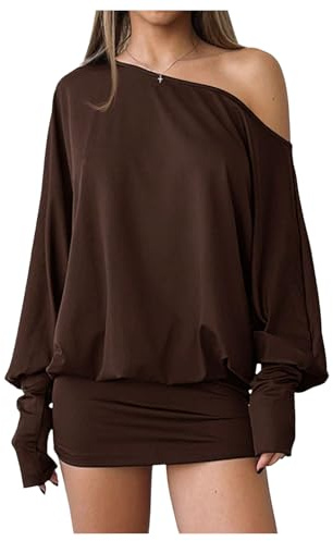 SOLY HUX Women's Long Sleeve Off The Shoulder Dress Y2k Mini Dress Streetwear Music Festival Outfits Solid Brown Medium