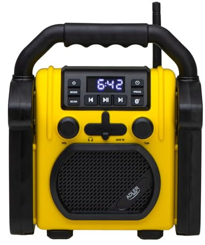 Adler AD 1911 – Baustellenradio mit Bluetooth V 5.1, Dual Power (Batterie & Netz), IPX54 Staub-/Wasserschutz, AUX & Kopfhöreranschluss, Robustes Design, 10W, Gelb/Schwarz