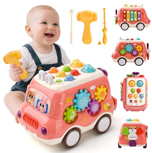 LTFIOON Babyleksak från 1 år, musikalisk buss barnleksak med xylofon, hammarspel, Montessori musikleksak från 1 2 år, flickor pojkar pedagogiska leksaker presenter (rosa)