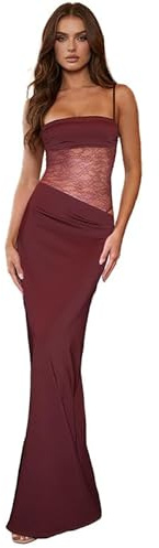 Sukiglam Vestito Lungo Donna Sexy Spaghetti Strap Abito in Pizzo Patchwork Estivo Senza Maniche Collo Quadrato Vestiti Elegante Aderente Maxi Abiti con Spacco per Sera Cerimonia Festa Cocktail