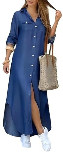 Sommarklänning strand dam retro jeansklänningar V-ringad casual lösa tunikor långärmad jeansblus knapp maxi klänning, A Blue, XL