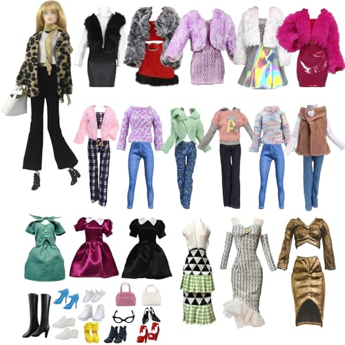 19 piezas de ropa y accesorios para muñecas, juego de 4 piezas con estampado de leopardo + 3 faldas + 1 juego de suéter y pantalones + 7 pares de zapatos + 1 par de gafas + 1 bolso para muñecas de