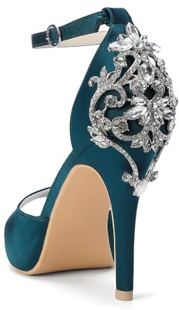 Creativesugar Lady Satin Dress Platform High Heels Wedding Sandals Crystal Back with Free Earrings, Teal, 4.5 UK