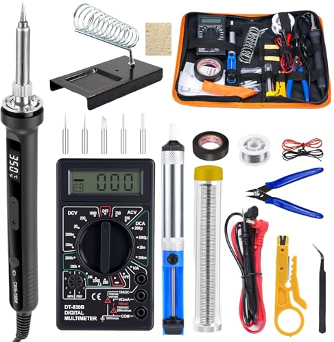 100W Lötkolben Set mit LCD & Digitalmultimeter,Temperatur einstellbar 180-520℃,19-in-1 Lötkolben Lötset: 5 Lötspitzen,Lötkolbenständer, Lötzinn, Entlötpumpe, Pinzette, für Elektrische Arbeiten