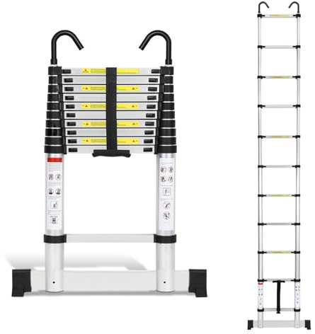 Joparri aluminiumteleskopstege 3,2 m, utdragbar stege med stabilisator och avtagbar krok, halkfri aluminiumledare stående stege, multifunktionsstege, 150 kg lastkapacitet
