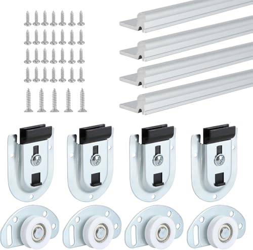 HBL' Sliding Closet Door Hardware Kit with 48inch Track, Ball Bearing Wheel | 4 Pack Bottom Rollers & 4 Pack Top Brackets, Smooth Glide for Closet & Wardrobe Doors, Easy Installation.