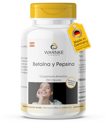 Betaína y pepsina - 250 cápsulas - Betaína HCL + sustancias amargas de genciana - Cápsulas de enzimas de espectro completo - ALTA DOSIS - Calidad de farmacia alemana | Warnke Vitalstoffe