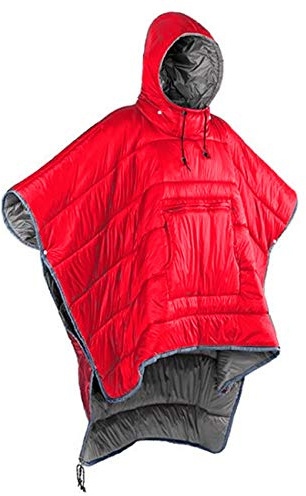 Winter Poncho Coat Outdoor Camping Warmth Small Quilt Blanket Water-resisitant Sleeping Bag Cloak Cape with Hat for Adult (Red)