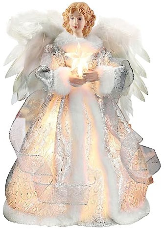 Angel Christmas Tree Topper, 12.6in LED Christmas Decorations Light Up Angel, Christmas Tree Top Star Angel Decoration, Fairy Fabric Xmas Tree Fairy Topper for Home Party Decorations