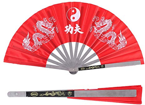 Abanico de mano plegable grande, de acero inoxidable Tai Chi Artes marciales Abanico de mano Escrito Kung Fu Dragones duales Práctica de danza Entrenamiento Abanicos de rendimiento Estilo chino (Rojo)