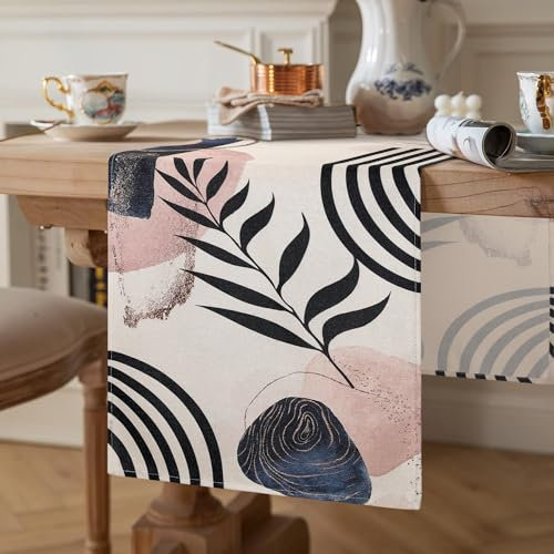 Cheekywares Tischläufer Modern Frühling 40 x 140 cm Tischläufer Boho Abstrakt Minimalistisch Blätter Tischdeko Abwaschbar Leinen für Küche Esstisch Draußen Urlaub Party Hochzeit Wohnzimmer Rosa