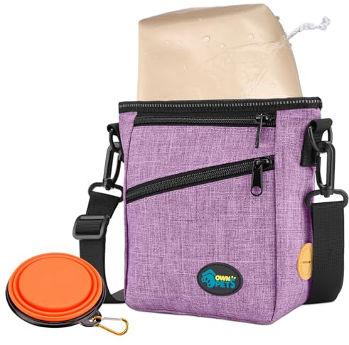 Ownpets Dog Training Pouch, Pet Treat Training Pouch with Collapsible Bowl, Shoulder Strap & Waist Strap, 4 Ways to Wear, Practical Training Bag for Dog Training, Daily Walks - Purple