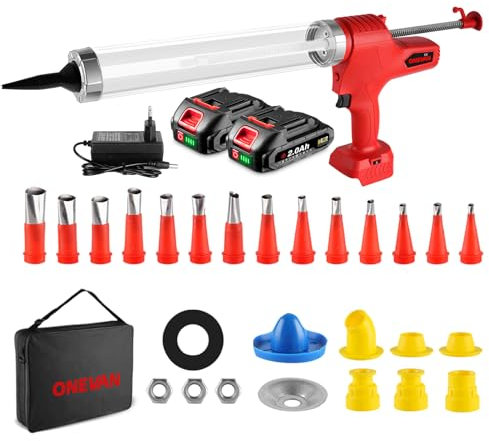ONEVAN pistola de silicona a bateria, 50000N pistola de cartuchos con 2 baterías recargables de 2.0 Ah, 6 velocidades, 300/600 ml pistola de calafateo electrica para sellar, llenar, sellar