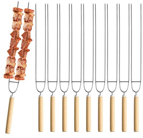 Schaschlikspieße Edelstahl Lang, 10 Stück Grillspieße Lagerfeuer 32cm Mit Holzgriff Kebab Spieße zum Grillen Fleischspieße Grillgabel Doppelspieße Grill Zubehör Gadgets für Bbq Outdoor-Grill