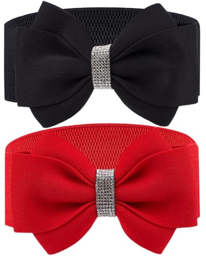 CRASPIRE 2 Color Cinturones Elásticos con Lazo Negro Rojo Tela Bowknot Estiramiento Faja Corbata Cadena Elástica Cinturón Banda Vintage con Diamantes de Imitación Sintéticos para Mujeres Damas
