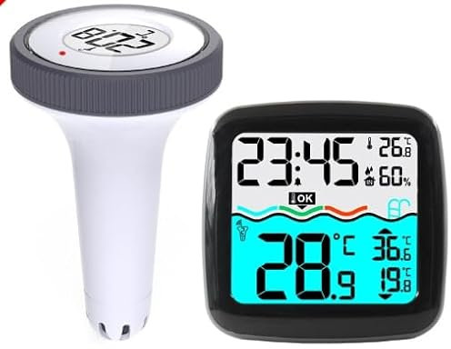 Pavlleen Termómetro Inalámbrico para Piscina,Termómetros digital para Piscinas,Termómetro flotante para piscina con Receptor Inalámbrico,para Piscina,Estanque,Spa,Acuario,bañeras