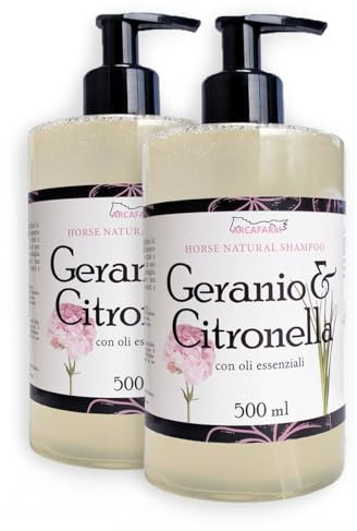 2 pezzi Shampoo Naturale per Cavalli Geranio & Citronella Arcafarm con oli essenziali 1 litro (2x500 ml) - Barriera naturale, Pulisce, lucida e protegge il Manto Equino - uso frequente, Made in Italy