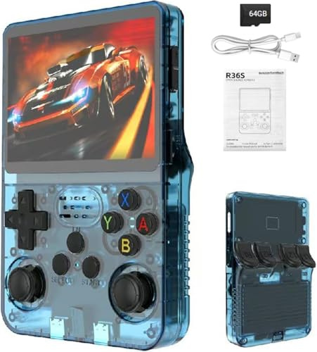 Syzplnwy R36S Console di gioco portatile retrò con schermo IPS da 3,5 pollici, batteria da 3500 mAh, scheda TF da 64 GB, oltre 15.000 giochi, sistema Linux open source per adolescenti e adulti, blu