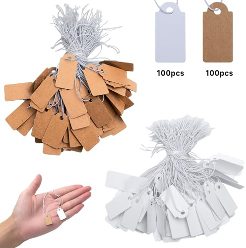 XRVRILE 200 Mini Cartellini Prezzi con Cordino Elastico, Cartellini 26 x 13 mm, Cartellini Prezzo Bianchi e Marroni per Esposizione Gioielli, Etichette per Abbigliamento, Mercatino Delle Pulci