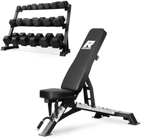 RitFit 5-780LBS Rubber Coated Hex Dumbbell Weight Set with Rack and Adjustable Weight Bench for Home Gym, Strength Training, Workouts