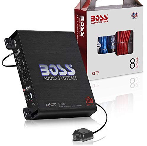 BOSS Audio Systems R1100MK - Amplificatore per auto e kit di cablaggio da 8 gauge, potenza massima 1100 Watt, stabile 2-4 Ohm, classe A/B, monoblocco, alimentatore Mosfet, controllo remoto del