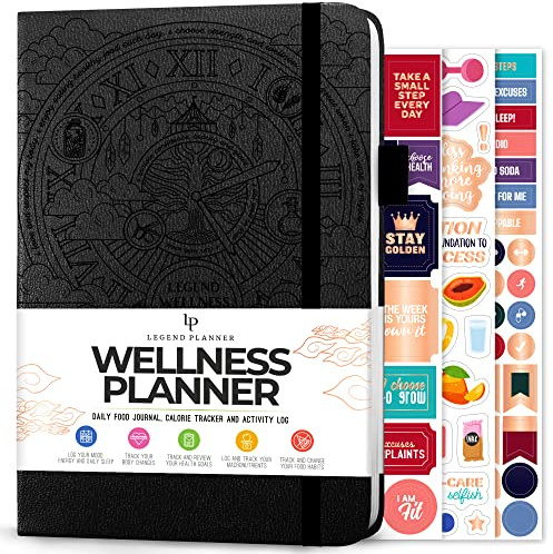 Legend Wellness Planner & Food Journal – Daily Diet & Health Journal with Weight Loss, Measurement & Exercise Trackers – Lifestyle & Nutrition Diary – Lasts 6 Months, A5 size – Black
