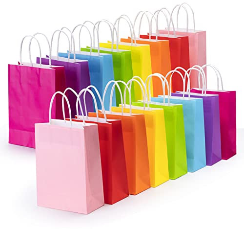 Ywinler 24 Stück Papier-Geschenktüten – 8 Farben, kleine Partytüten mit Griffen, 22 x 8 x 16 cm, für Halloween, Weihnachten, Kraftpapier oder Kinderparty