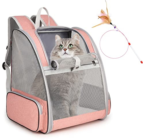 Cat Backpack Carrier, Large Pet Backpack with Kitten Wand Feather Toy for Medium Small Dog Cat Puppy Kitty Bunny up to 15lbs, Ventilated Mesh Dog Travel Carrier for Hiking Walking Outdoor Use (Pink)