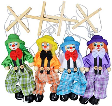 Acaino 4 Stück Clown Marionettenpuppen, Hölzern Pull String Marionette Clownpuppe interaktive Spielzeug für Kinder Geschenk