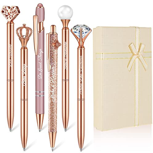 Qeeenar 6 Pcs Fancy Pens for Women Crystal Diamond Pen for Journaling Pretty Glitter Ballpoint with Box Inspirational Gifts for Women Girls College Students Cute Back to School Gifts(Rose Gold)