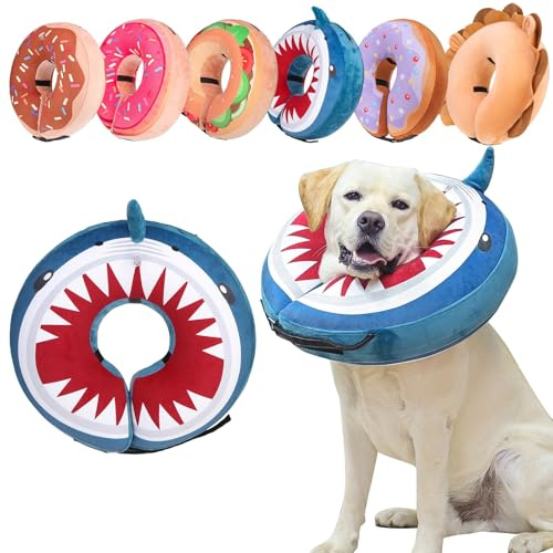 BEAUTYZOO Inflatable Dog Cone Collar Soft, Dog Donut Collar after Surgery for Medium Dogs, Blow up Puppy Neck Recovery Collar Head Cone for Dogs to Prevent Licking, Blue Shark, M