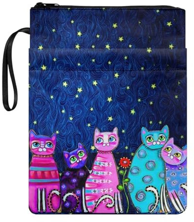 NETILGEN Buchumschläge für Hardcover Book Sox Buchhülle mit Reißverschluss und Tasche für Buchliebhaber Lehrbücher Taschenbuch Schutzhülle für Frauen, Katze, Stern Sterne, Sternenhimmel