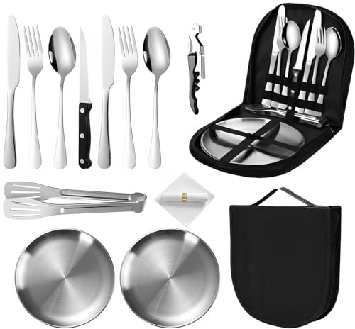 TFSZE Camping Geschirr Set 2 personen13-teilig, Tragbar Verdickt Edelstahl Outdoor-Geschirr für Camping,Picknick（Silber）