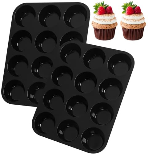 WUFANC 2 moldes de silicona para magdalenas, 12 unidades, resistentes a temperaturas de -40 °C hasta 230 °C, para magdalenas y magdalenas (negro)